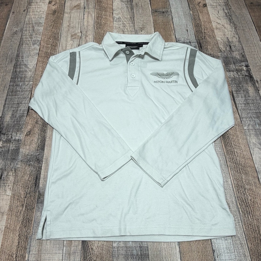 Aston Martin Polo Shirt Mens Small White Long Sleeve Logo Luxury Casual Racing